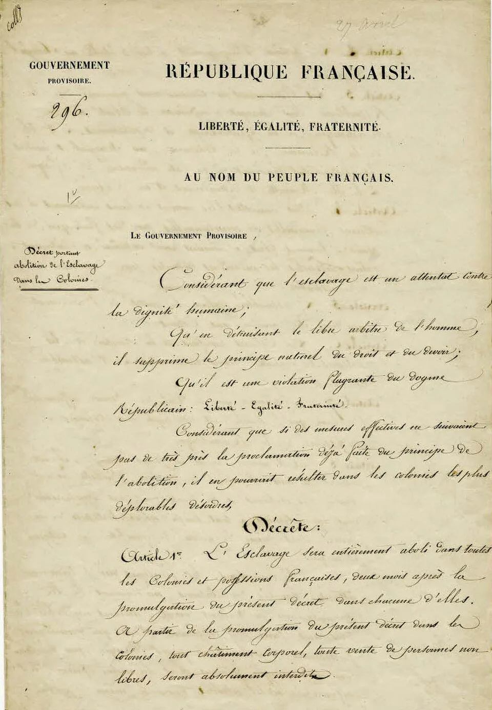 Décret d’abolition de l’esclavage, 27 avril 1848 — première page