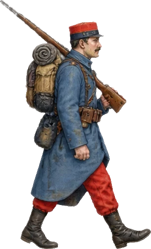Un soldat français de 1914 : képi, capote bleue, pantalon rouge, fusil et sac.