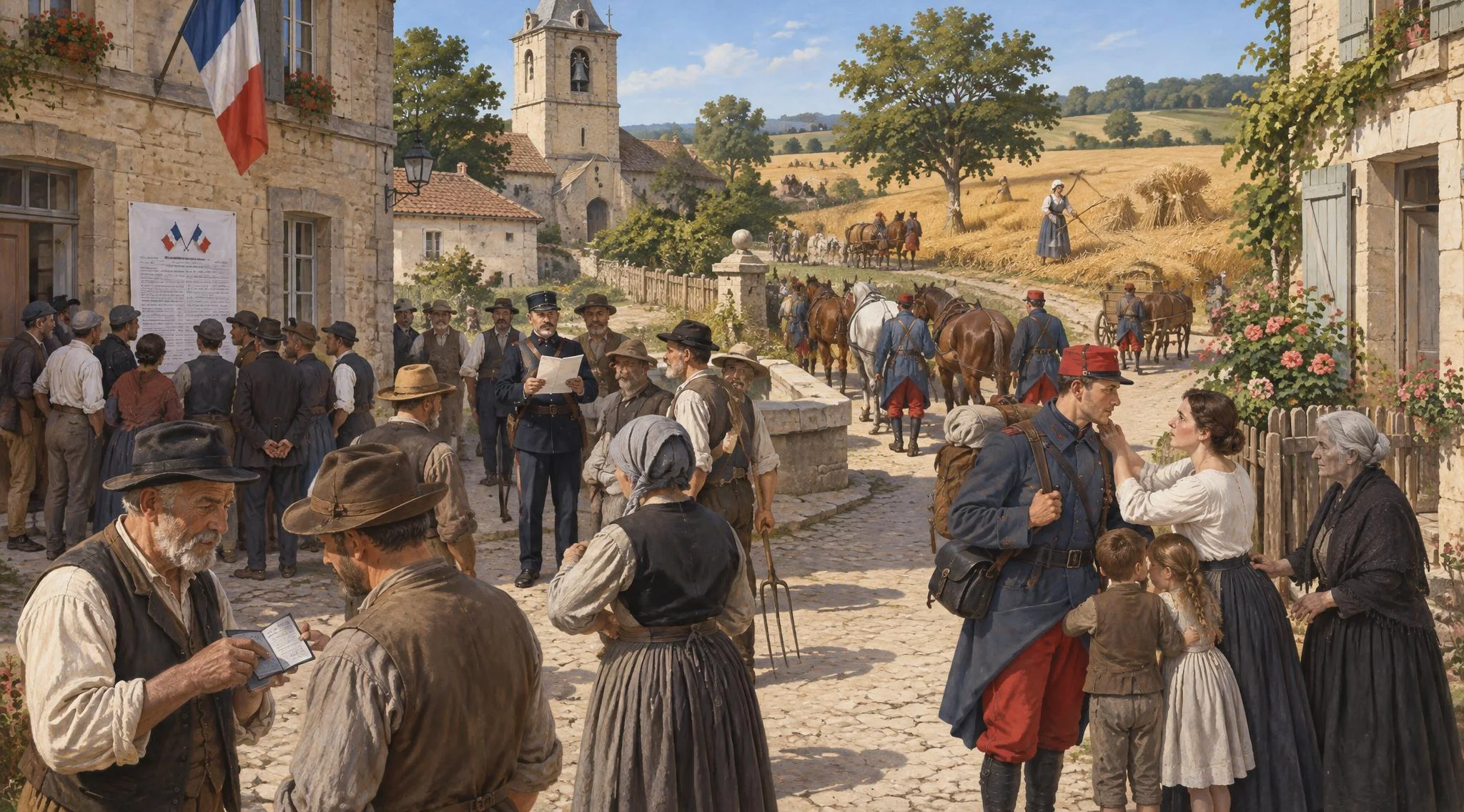La place d’un village le 1er août 1914 : l’affiche de mobilisation sur la mairie, le clocher, le garde champêtre qui lit l’ordre, un soldat en uniforme qui dit adieu à sa famille, un paysan qui montre son livret militaire, des chevaux emmenés par des soldats, une femme qui finit la moisson.
