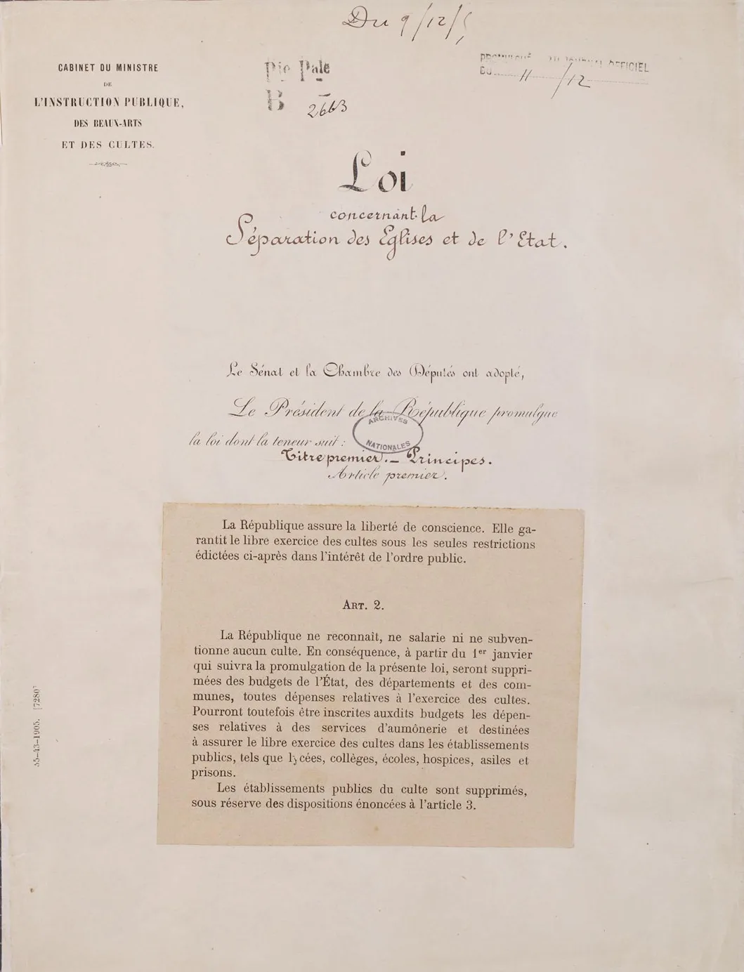 Loi concernant la séparation des Églises et de l’État — 9 décembre 1905