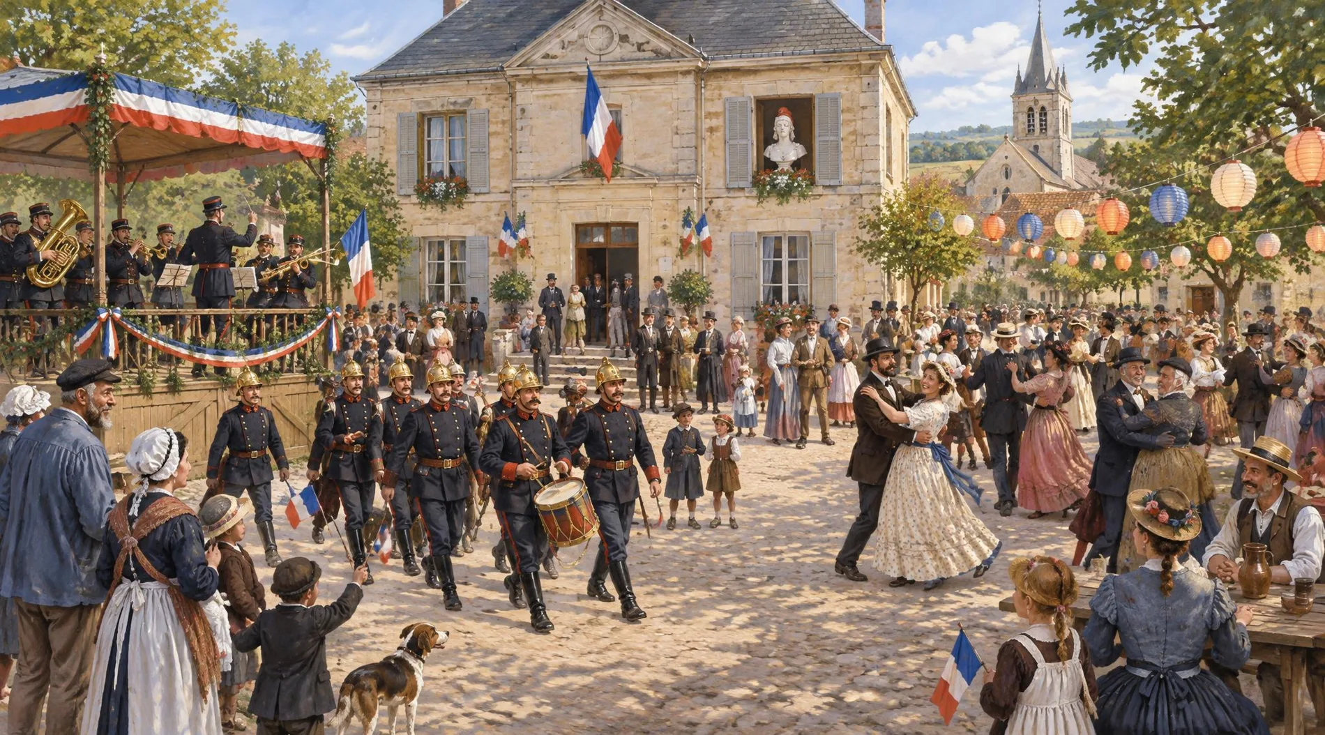 La place d’un village le 14 juillet 1890 : la fanfare sur l’estrade, la mairie-école avec son drapeau, le buste de Marianne à la fenêtre, des lampions, des pompiers qui défilent et des couples qui dansent.