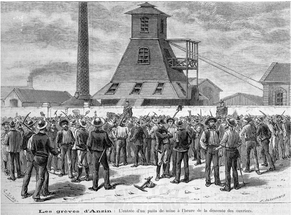 Les grèves d’Anzin : l’entrée d’un puits de mine à l’heure de la descente — gravure, 1884