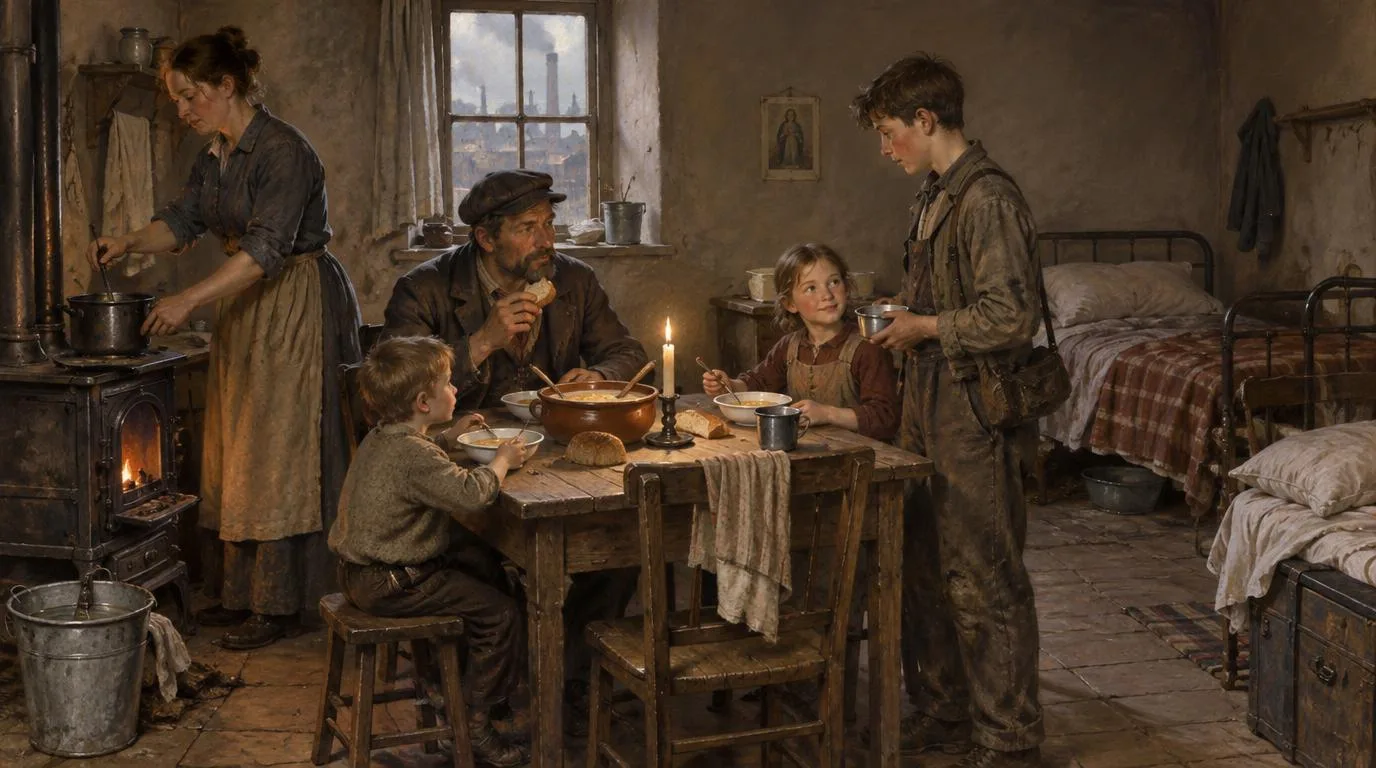 La pièce unique d’une famille ouvrière vers 1890 : un poêle, une table, deux lits, un seau d’eau.