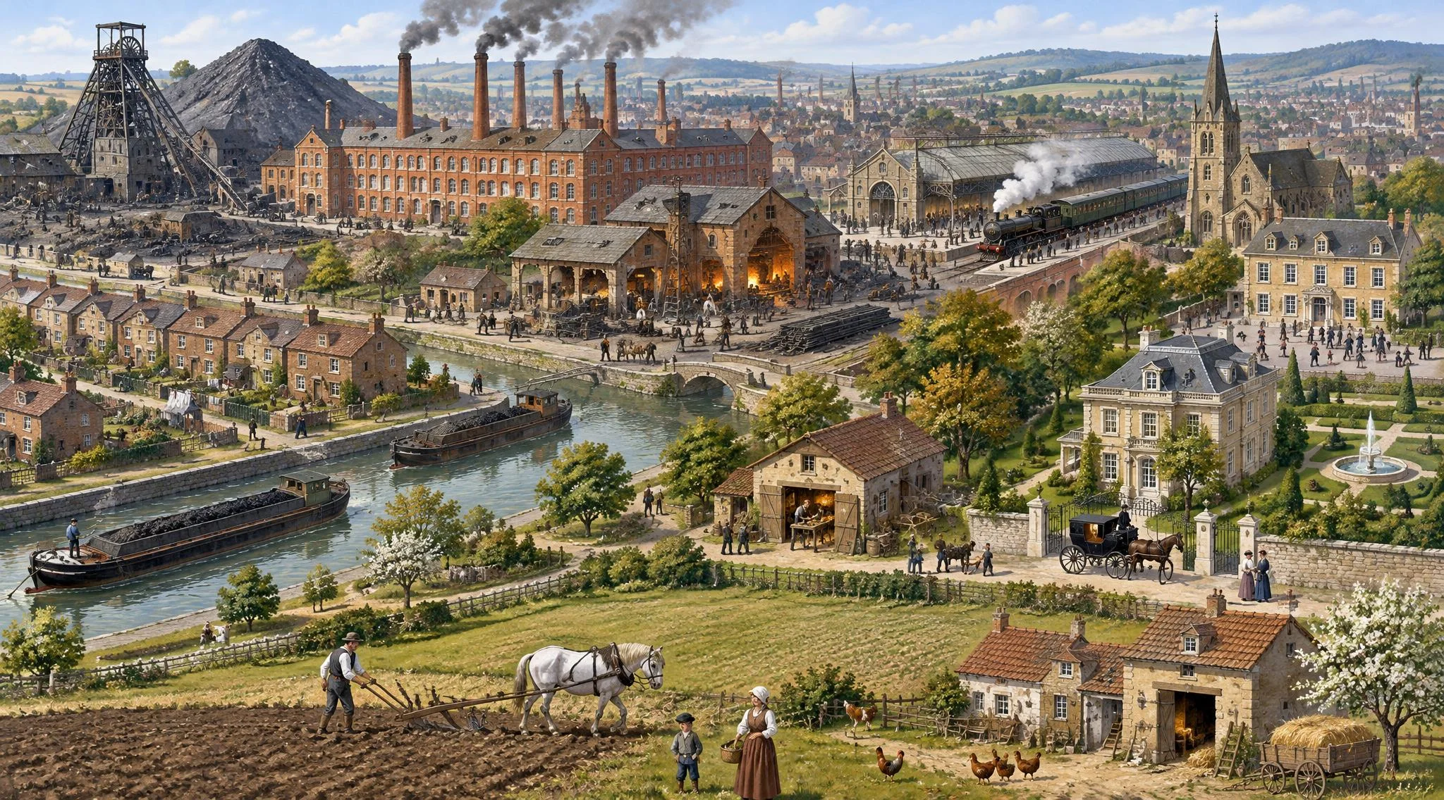 Une ville industrielle vers 1880 : une mine et son terril, une grande usine textile, une forge, une gare, un canal avec des péniches, des corons, un atelier, la maison du patron, une église et la campagne.