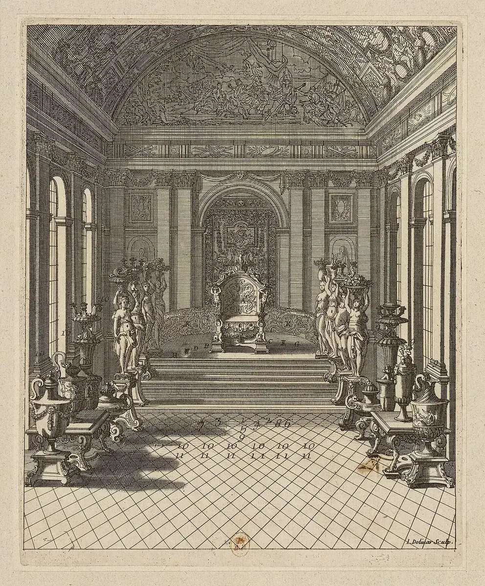 Trône de Louis XIV dans la galerie des Glaces pour l’audience des ambassadeurs de Siam, estampe de Jean Dolivar, 1686.