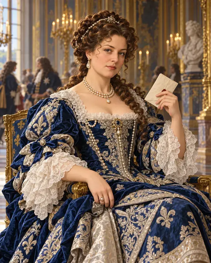 Portrait illustré de la princesse Palatine tenant une lettre.