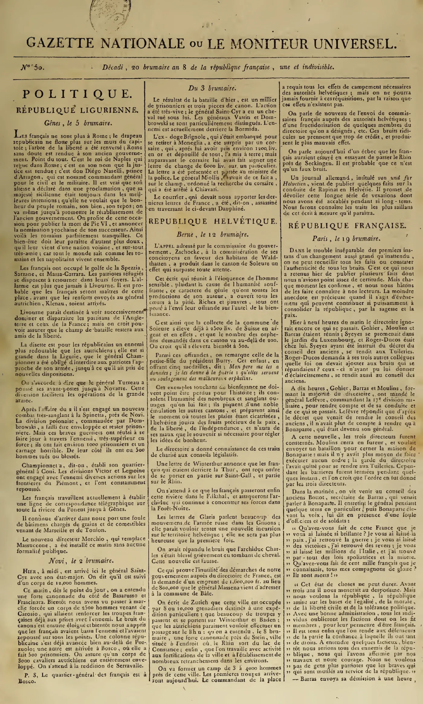 Première page du Moniteur universel du 11 novembre 1799.