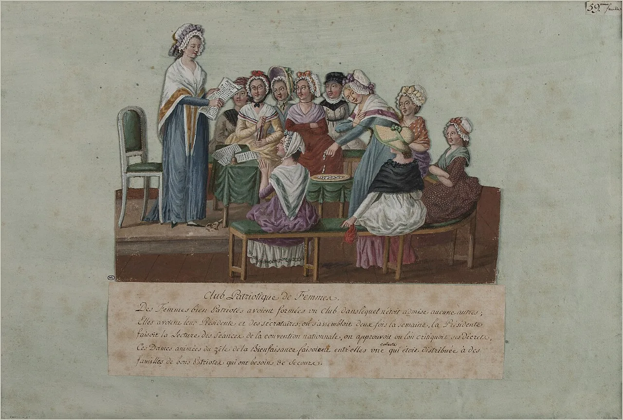 Gouache de Lesueur : des femmes réunies dans un club écoutent la lecture des nouvelles.