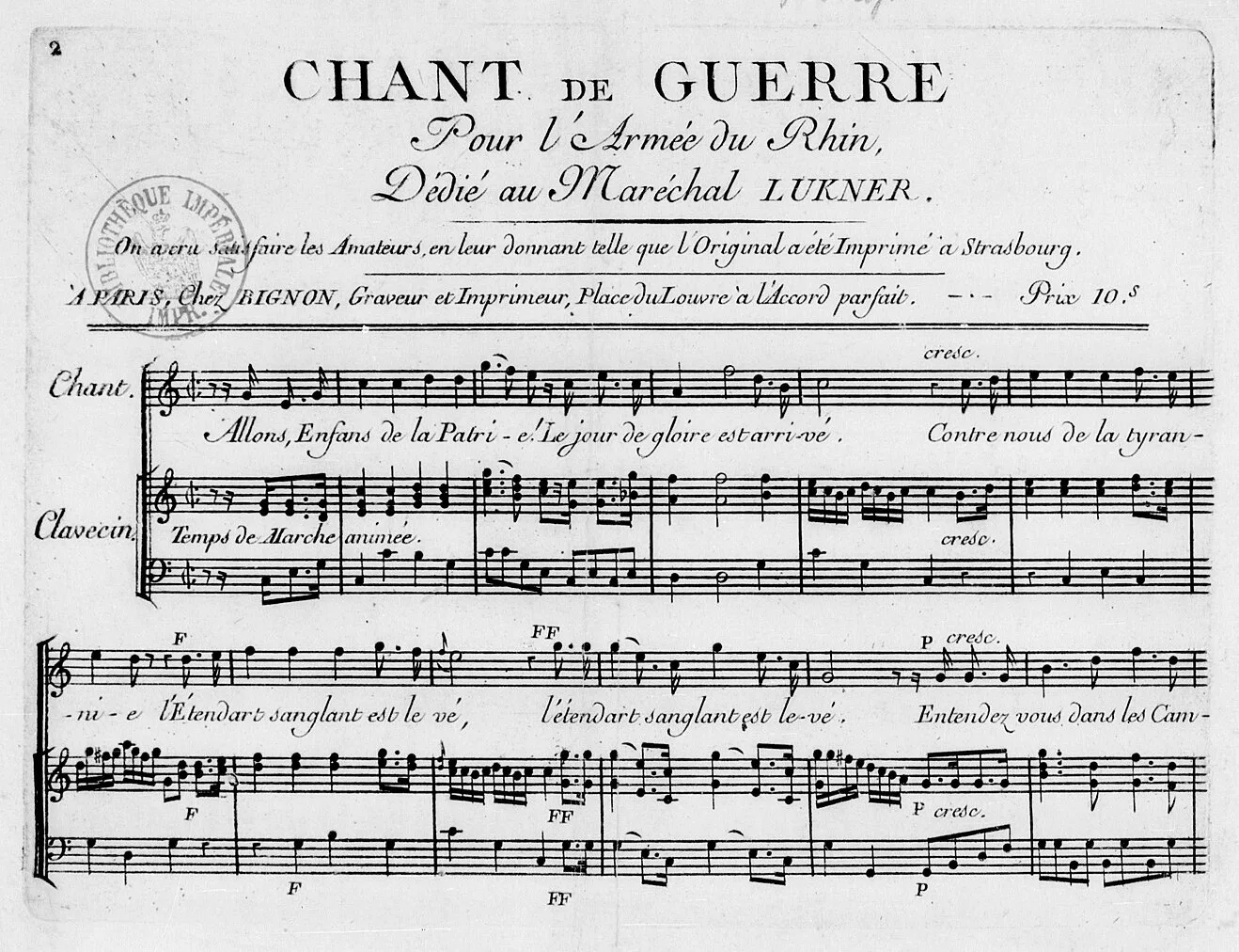 Chant de guerre pour l’armée du Rhin — partition imprimée, 1792