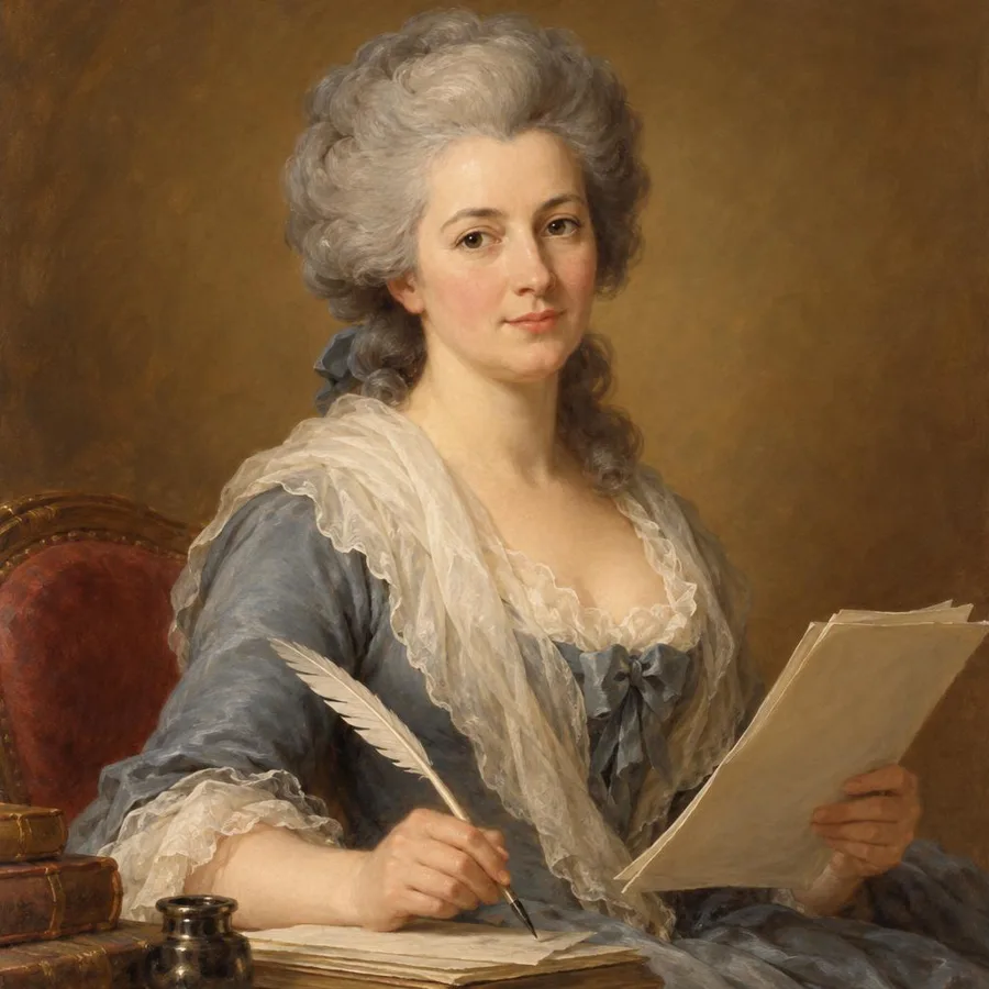 Portrait illustré d’Olympe de Gouges, une plume à la main.
