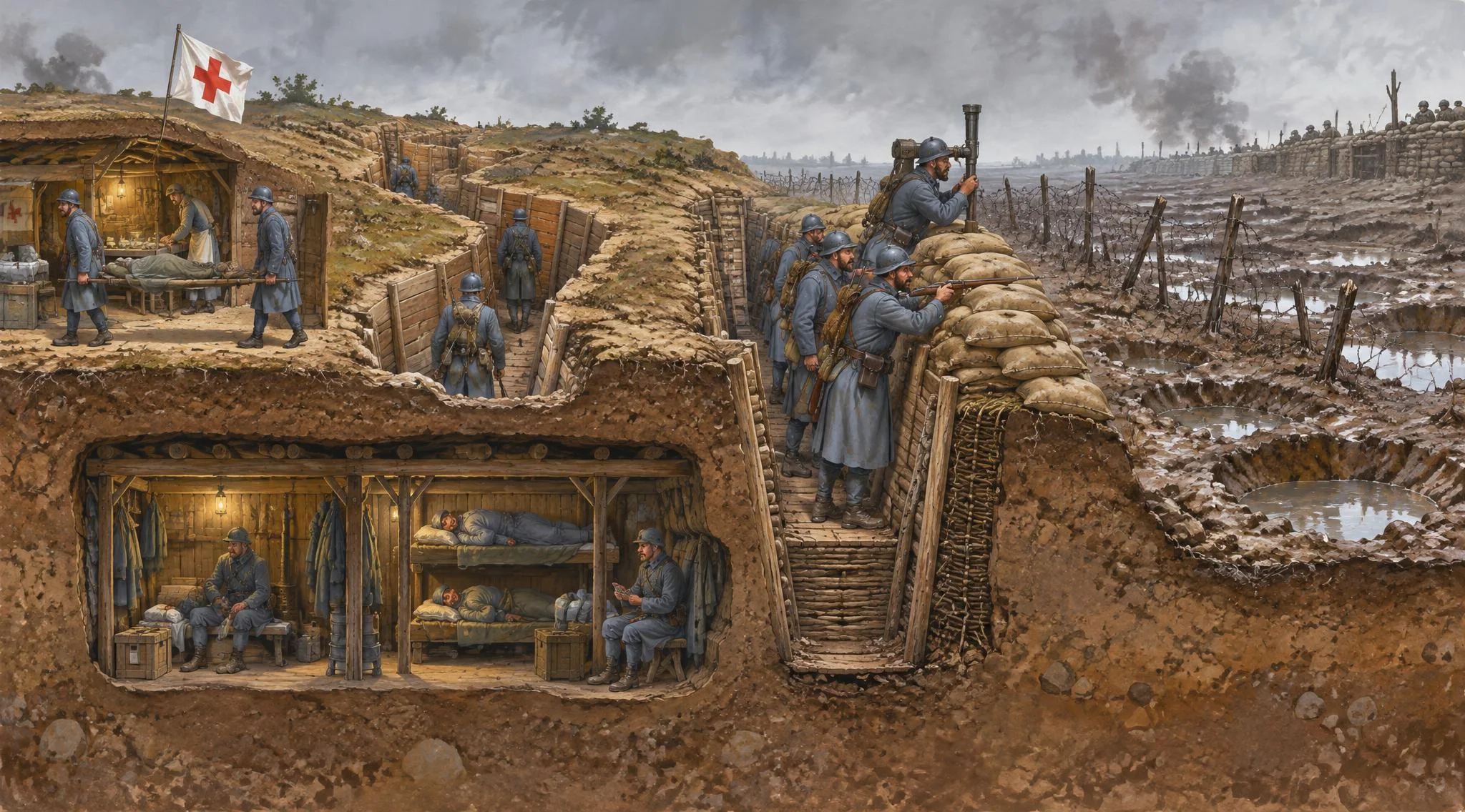 Coupe d’une tranchée française en 1916 : à gauche le poste de secours au drapeau à croix rouge, au centre le boyau en zigzag et l’abri souterrain où dorment des soldats, puis la tranchée de première ligne avec ses sacs de terre et un guetteur au périscope, les barbelés et, à droite, le no man’s land plein de trous d’obus.