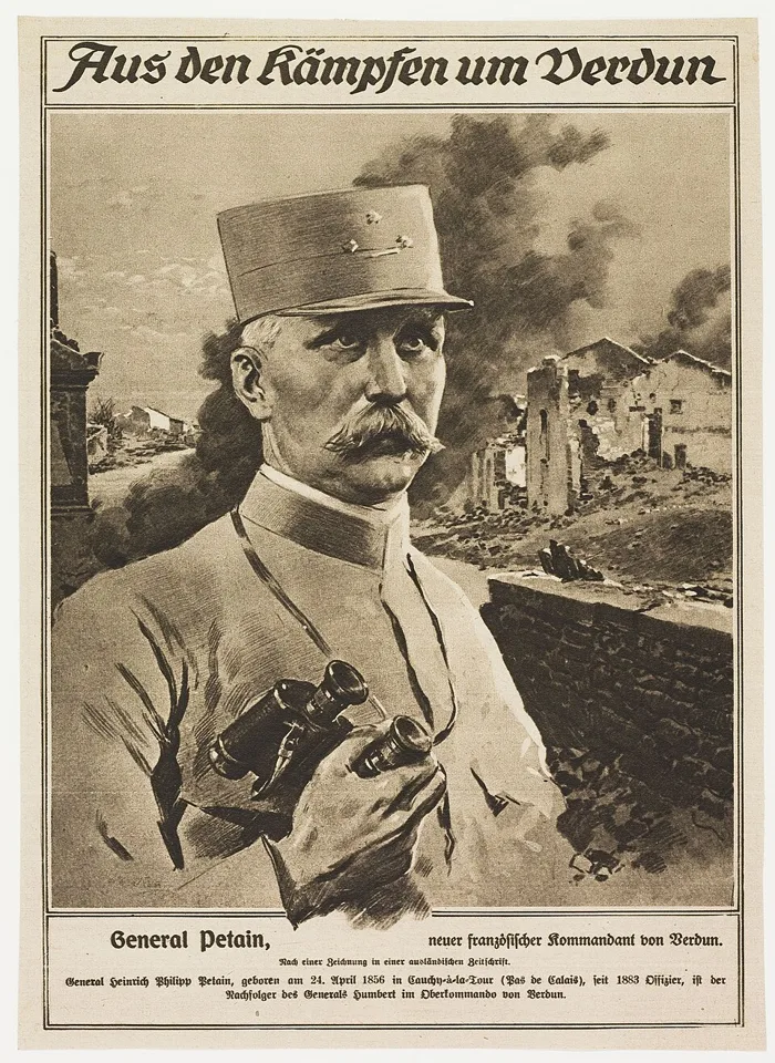 Portrait du général Pétain en 1916, en képi, dans un journal allemand consacré aux combats de Verdun.
