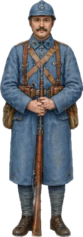 Un poilu en uniforme bleu horizon avec un casque d’acier.